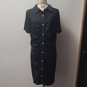 Black Stretchy Rouched Front Short Sleeve Dress Buttons Down The Front